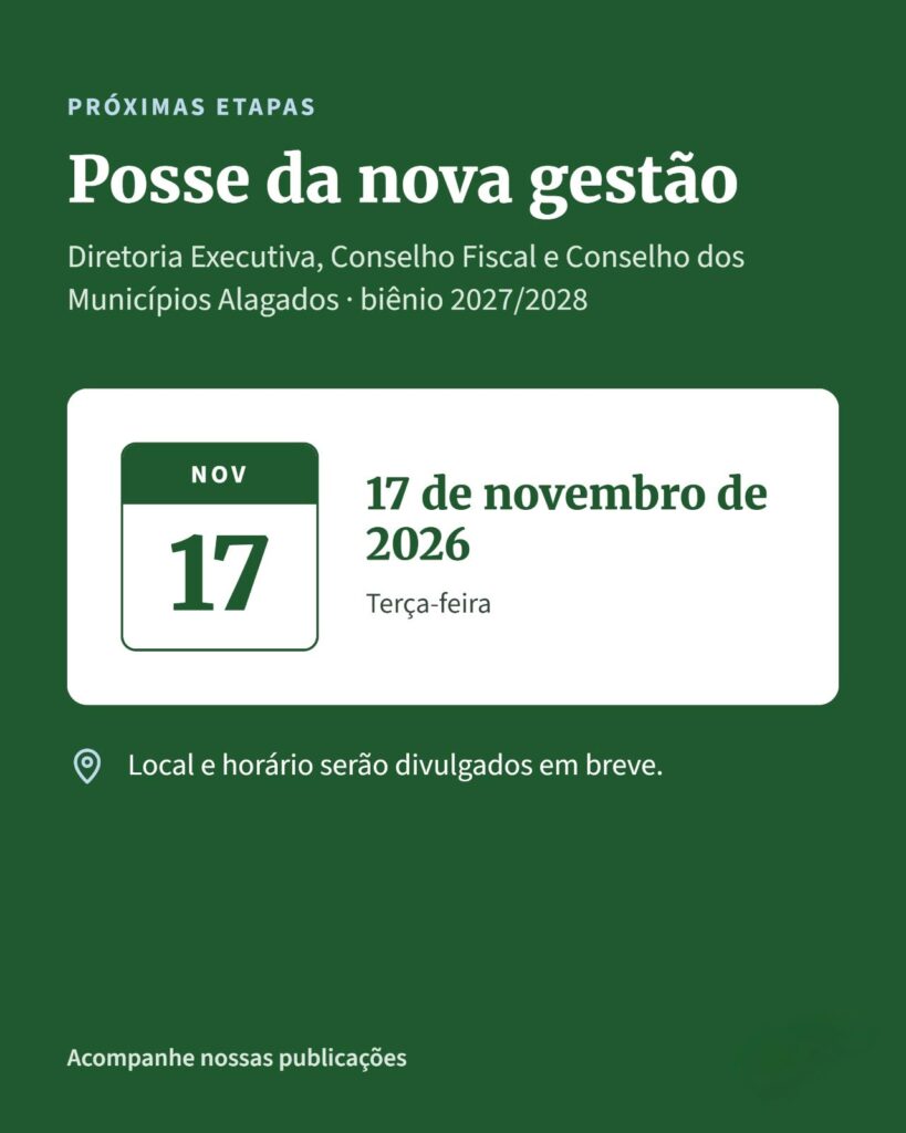 Convite: Posse da nova gestão da AMUSUH, biênio 2027/2028, em 17 de novembro de 2026. Local e horário serão divulgados em breve.